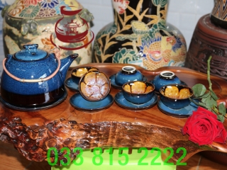 Bộ ấm chén trà men hỏa biến xanh hoa cao cấp gốm sứ Bát Tràng