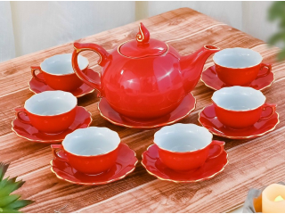 Bộ trà men đỏ viền vàng cao cấp gốm sứ Bát Tràng